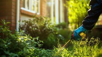 A dedicated gardener is using a spray bottle to lovingly tend to and nurture the plants in a beautifully maintained residential yard, all while enjoying the warmth of the afternoon sun photo
