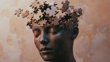 Artistic representation of a human head adorned with puzzle pieces conveying the complexity of thought and identity in a creative environment photo