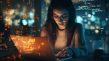 Focused student solving complex mathematical equations on laptop in a dimly lit room at night surrounded by glowing numbers and symbols photo
