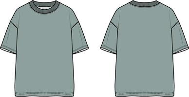 Boys t shirt crew neck plain t shirt front and back view flat sketch illustration template. cad mockup. vector