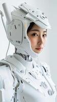 Woman in white robot suit gazes at camera with a serene expression showcasing advanced robotic design and human like features photo