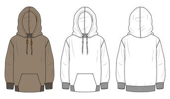 Classic hoodie technical fashion illustration with pockets and full sleeves. Flat sketch template with front and back views, oversized fit, drop shoulder design, and unisex style. CAD mockup set. vector