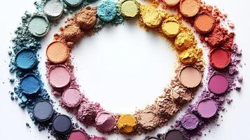 Colorful arrangement of powdered pigments in a circular pattern showcasing a range of vibrant hues on a clean white surface photo