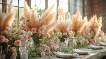 Elegant wedding table arrangement featuring boho style details with pampas grass and lush greenery set in a charming venue during golden hour photo