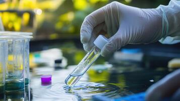 Scientists conduct water quality testing using test tubes and lab equipment in a natural setting under sunlight photo