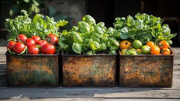 Freshly harvested vegetables arranged in rustic planters on a wooden surface under natural lighting in an outdoor setting during daylight photo