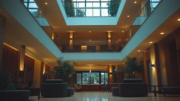 Modern lobby showcasing spacious design with natural light and greenery in a contemporary building during late afternoon hours photo