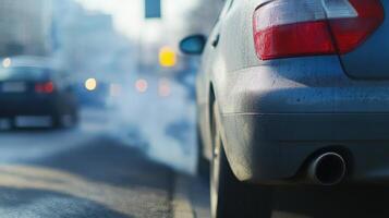 Cars releasing exhaust fumes while idling on a city street during a chilly morning with soft sunlight filtering through the haze photo