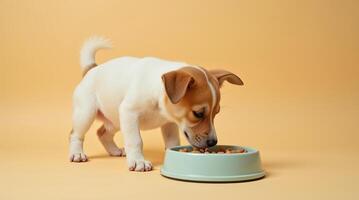 Cute puppy enjoying a meal from a light blue bowl on a soft orange background during a calm afternoon photo