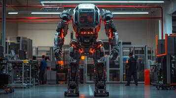 Robot prototype stands in a modern workshop filled with engineers and advanced technology in a futuristic setting during daylight hours photo