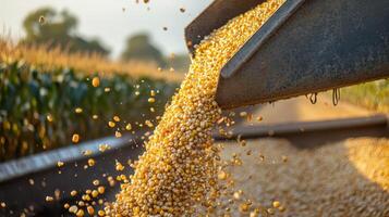 Corn is harvested and poured from a combine harvester into a large truck in a sunny farmland setting during autumn with lush cornfields in the background photo