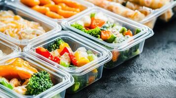 Meal prep containers filled with vegetables and protein placed on a dark surface ready for healthy eating throughout the week photo