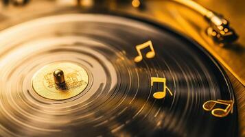 Discover the soothing ambiance of vinyl records spinning on a turntable with music notes dancing around, enhancing the nostalgic atmosphere photo