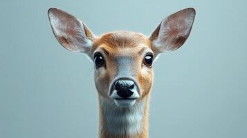 Close-up of a young deer with large expressive eyes in a neutral background highlighting its delicate features and curious expression photo