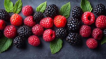 Freshly harvested raspberries and blackberries arranged on a dark surface with green leaves in a vibrant display of natural colors and textures photo
