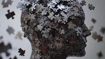 Exploration of complexity and thought represented through a puzzle piece filled head sculpture in abstract art installation photo