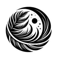 Abstract black and white celestial featuring feathers, crescent shapes, stars, and a central sunlike element. vector