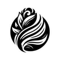 A stylized, symmetrical black and white floral emblem, enclosed within an oval, showcasing intricate leaf and petal patterns with elegant lines. vector