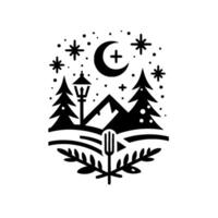 A serene nightscape emblem, featuring a mountain range, starry sky with crescent moon and cross, stylized evergreens, a lantern, and a fork with olive branches. vector