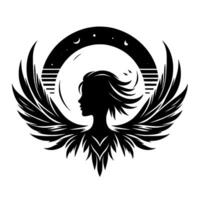 A silhouetted angelic woman with stylized wings, framed by a celestial scene of the moon, stars, and a dark arc, creating a mystical and ethereal emblem. vector
