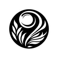 Circular black and white featuring leafy and swirling elements, abstract floral motif vector