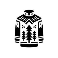 Black and white illustration of a festive turtleneck sweater adorned with geometric patterns and stylized pine trees, perfect for winter or holiday design. vector
