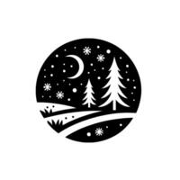 Serene winter night scene a black circular illustration features a crescent moon, falling snowflakes, and stylized trees on a snowy landscape. vector