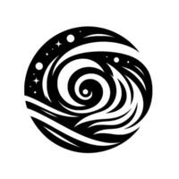 Artistic depiction of a swirling galaxy or celestial event, in a black and white circular illustration with stars and stylized energy waves. vector