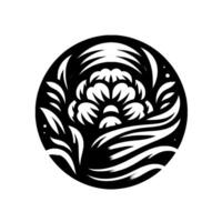 Intricate black and white floral within a circle a stylized, symmetrical composition featuring a central bloom and flowing leaves, reminiscent of linocut or woodcut prints. vector
