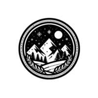 A monochrome, round emblem featuring a winter landscape snowcapped mountains, pine trees, snowflakes, a full moon, and a laurel wreath border. vector