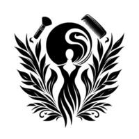 A stylized, elegant featuring a silhouette of a woman with an afro, adorned with a flowing hairstyle, makeup brush, comb, and stylized leaves, all in a symmetrical black and white composit vector