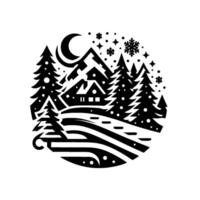 A minimalist black and white winter scene in a circular frame featuring a snowcovered cabin, pine trees, a crescent moon, and falling snowflakes. vector