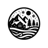 A monochromatic winter scene within a circle, featuring a snowcovered cabin nestled among mountains, pine trees, and falling snowflakes, under a moon. vector