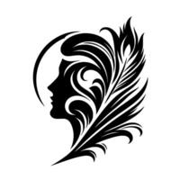 Elegant silhouette a stylized black and white illustration depicting a womans profile framed by flowing lines, curves, and a feather motif, set against a white background. vector
