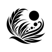 A stylized, symmetrical featuring a black, feathered avian form, integrated with a rising sun and spherical elements, creating a harmonious and symbolic composition. vector