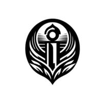 Abstract black and white emblem a symmetrical featuring layered wings, vertical central bar, and circular top element within an oval frame. vector