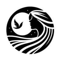 Elegant black and white circular illustration featuring a womans silhouette, a flying dove, and flowing hair, set against a starry, crescent moon backdrop. vector