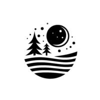 Minimalist nightscape illustration featuring a stylized forest, crescent moon, and stars within a semicircular frame, rendered in bold black and white. vector