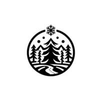 Minimalist winter landscape within a circular frame, featuring stylized pine trees, a winding path, falling snowflakes, and dotted details. vector