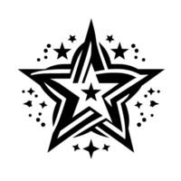 Black and white starburst a stylized with a central star, layered with intricate lines and surrounding smaller stars and dots on a white background. vector