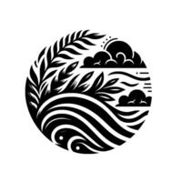 Black and white circular emblem featuring stylized elements of nature leaves, waves, clouds, and a sun, evoking a sense of balance and harmony. vector