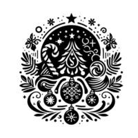 Stylized christmas emblem a black and white circular featuring a detailed christmas tree, ornaments, and festive embellishments, radiating holiday cheer in a minimalist aesthetic. vector