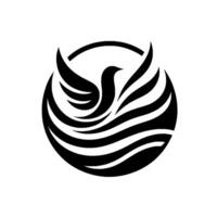 A modern minimalist featuring a stylized bird soaring within a circular frame with waterlike elements, all rendered in black and white. vector