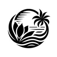 A stylized tropical scene black and white, circular composition featuring palm tree, waves, and foliage elements, evoking serenity and travel. vector