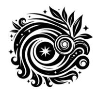 Elegant black and white celestial vortex a stylized illustration featuring swirling lines, starbursts, leaves, and decorative elements on a white background. vector
