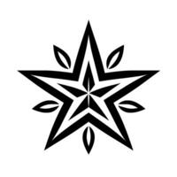 Bold black and white starburst featuring a fivepointed star with intricate geometric detailing and leaflike accents, centered against a pure white backdrop. vector