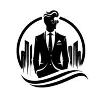 Sophisticated silhouette a business in a classic black suit stands confidently against an urban backdrop, evoking professionalism and success. vector