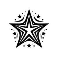 A striking black and white illustration showcasing a stylized, multilayered star graphic, encompassed by smaller stars and dynamic arcshaped accents, set against a pristine white background. vector