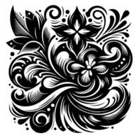 An elegant black and white floral motif intertwined swirls, blooms, and foliage on a white background, forming a symmetrical design. vector