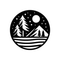 Monochrome circular illustration of a serene night landscape with silhouetted pine trees, a mountain range, and a full moon under a starry sky, conveying tranquility. vector